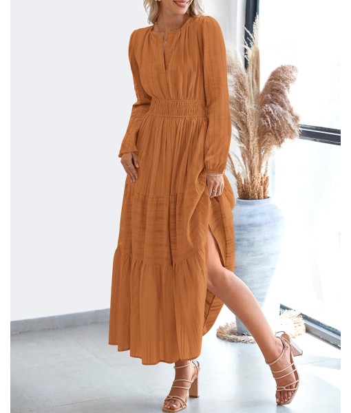 BTFBM Fall Dresses for Women 2025 Casual Long Sleeve V Neck Elastic Waist Lightweight Maxi Wedding Guest Dress Pockets