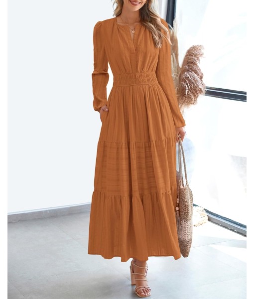 BTFBM Fall Dresses for Women 2025 Casual Long Sleeve V Neck Elastic Waist Lightweight Maxi Wedding Guest Dress Pockets