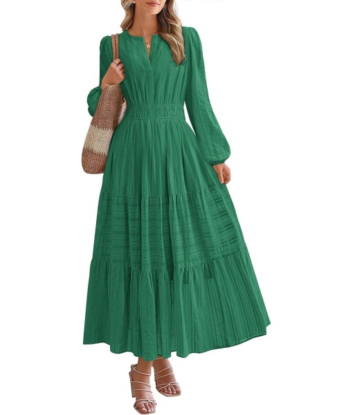 BTFBM Fall Dresses for Women 2025 Casual Long Sleeve V Neck Elastic Waist Lightweight Maxi Wedding Guest Dress Pockets
