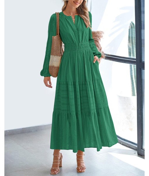 BTFBM Fall Dresses for Women 2025 Casual Long Sleeve V Neck Elastic Waist Lightweight Maxi Wedding Guest Dress Pockets