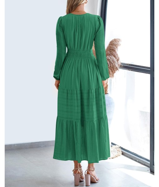 BTFBM Fall Dresses for Women 2025 Casual Long Sleeve V Neck Elastic Waist Lightweight Maxi Wedding Guest Dress Pockets