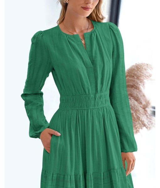 BTFBM Fall Dresses for Women 2025 Casual Long Sleeve V Neck Elastic Waist Lightweight Maxi Wedding Guest Dress Pockets