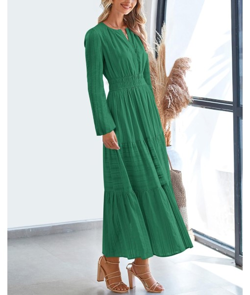 BTFBM Fall Dresses for Women 2025 Casual Long Sleeve V Neck Elastic Waist Lightweight Maxi Wedding Guest Dress Pockets