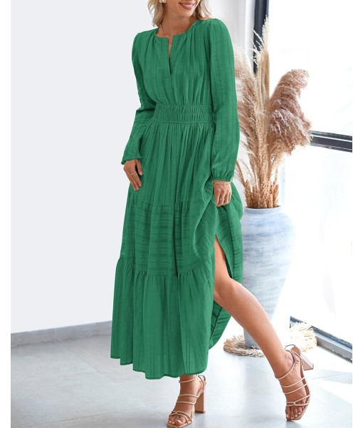 BTFBM Fall Dresses for Women 2025 Casual Long Sleeve V Neck Elastic Waist Lightweight Maxi Wedding Guest Dress Pockets