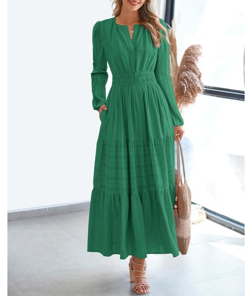 BTFBM Fall Dresses for Women 2025 Casual Long Sleeve V Neck Elastic Waist Lightweight Maxi Wedding Guest Dress Pockets