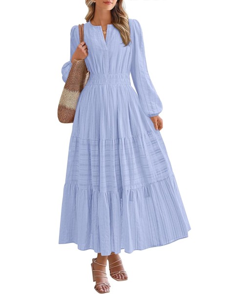 BTFBM Fall Dresses for Women 2025 Casual Long Sleeve V Neck Elastic Waist Lightweight Maxi Wedding Guest Dress Pockets