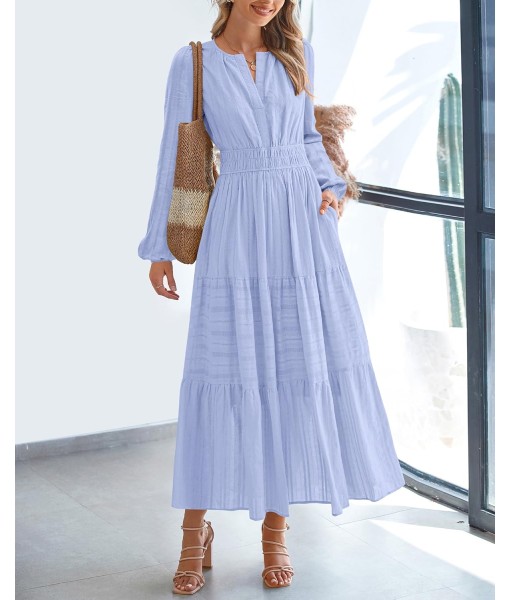 BTFBM Fall Dresses for Women 2025 Casual Long Sleeve V Neck Elastic Waist Lightweight Maxi Wedding Guest Dress Pockets