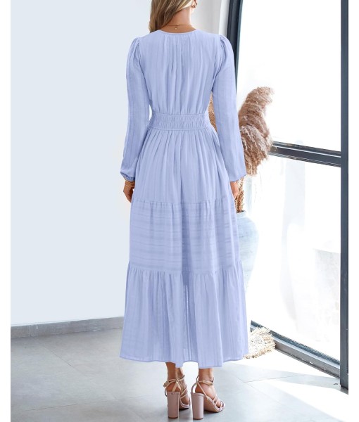 BTFBM Fall Dresses for Women 2025 Casual Long Sleeve V Neck Elastic Waist Lightweight Maxi Wedding Guest Dress Pockets
