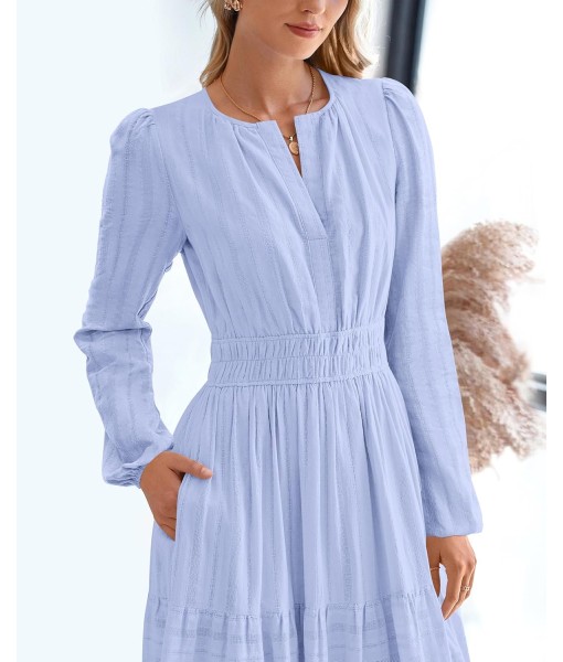 BTFBM Fall Dresses for Women 2025 Casual Long Sleeve V Neck Elastic Waist Lightweight Maxi Wedding Guest Dress Pockets