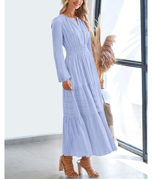 BTFBM Fall Dresses for Women 2025 Casual Long Sleeve V Neck Elastic Waist Lightweight Maxi Wedding Guest Dress Pockets