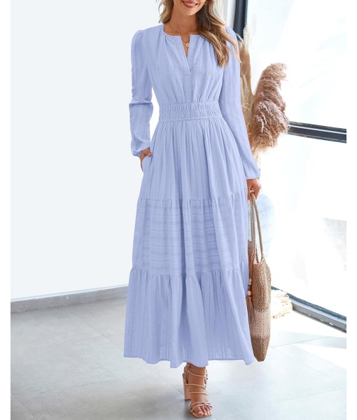 BTFBM Fall Dresses for Women 2025 Casual Long Sleeve V Neck Elastic Waist Lightweight Maxi Wedding Guest Dress Pockets