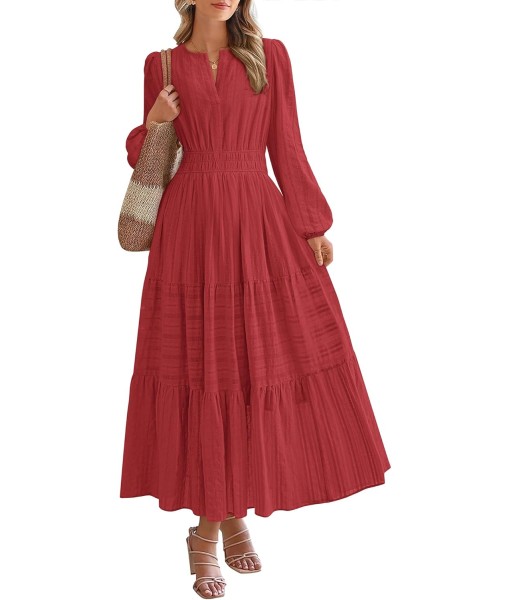 BTFBM Fall Dresses for Women 2025 Casual Long Sleeve V Neck Elastic Waist Lightweight Maxi Wedding Guest Dress Pockets