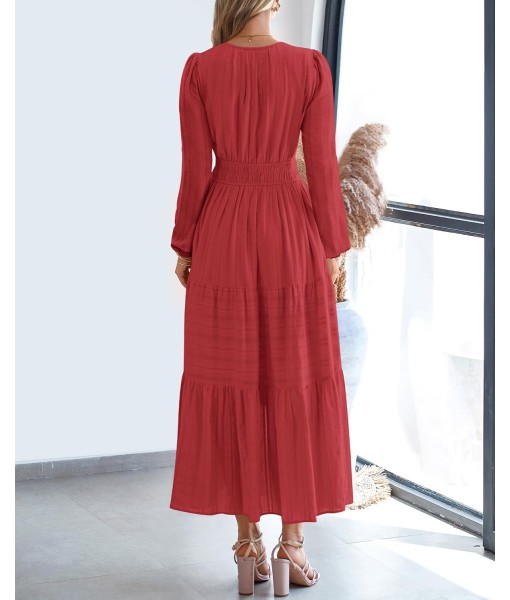 BTFBM Fall Dresses for Women 2025 Casual Long Sleeve V Neck Elastic Waist Lightweight Maxi Wedding Guest Dress Pockets