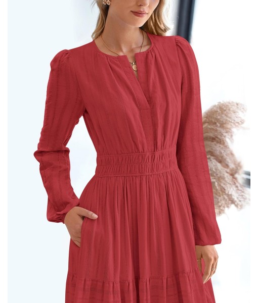 BTFBM Fall Dresses for Women 2025 Casual Long Sleeve V Neck Elastic Waist Lightweight Maxi Wedding Guest Dress Pockets