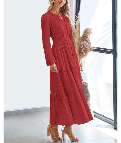 BTFBM Fall Dresses for Women 2025 Casual Long Sleeve V Neck Elastic Waist Lightweight Maxi Wedding Guest Dress Pockets