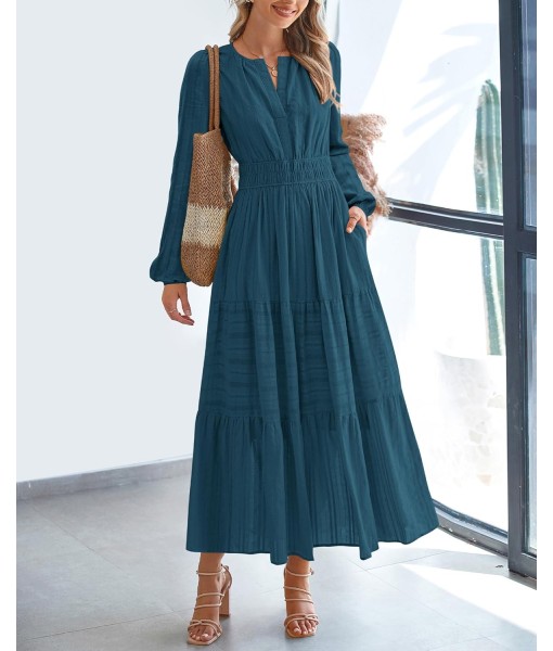 BTFBM Fall Dresses for Women 2025 Casual Long Sleeve V Neck Elastic Waist Lightweight Maxi Wedding Guest Dress Pockets