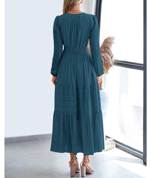 BTFBM Fall Dresses for Women 2025 Casual Long Sleeve V Neck Elastic Waist Lightweight Maxi Wedding Guest Dress Pockets