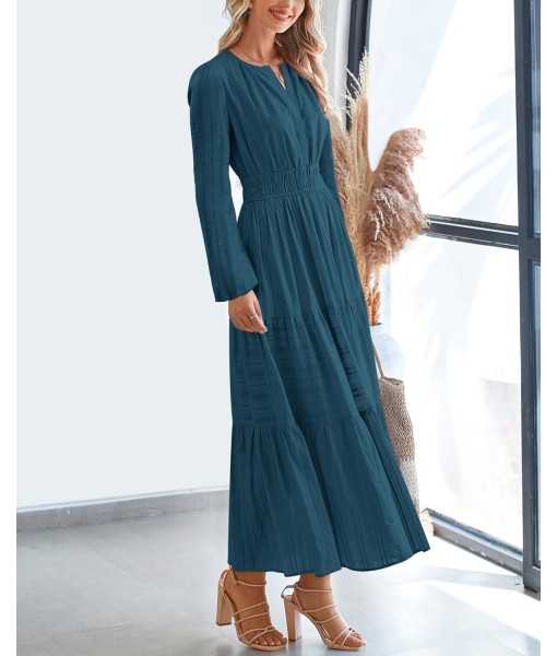 BTFBM Fall Dresses for Women 2025 Casual Long Sleeve V Neck Elastic Waist Lightweight Maxi Wedding Guest Dress Pockets