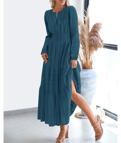 BTFBM Fall Dresses for Women 2025 Casual Long Sleeve V Neck Elastic Waist Lightweight Maxi Wedding Guest Dress Pockets