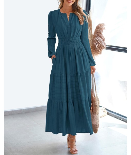 BTFBM Fall Dresses for Women 2025 Casual Long Sleeve V Neck Elastic Waist Lightweight Maxi Wedding Guest Dress Pockets