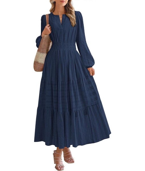 BTFBM Fall Dresses for Women 2025 Casual Long Sleeve V Neck Elastic Waist Lightweight Maxi Wedding Guest Dress Pockets