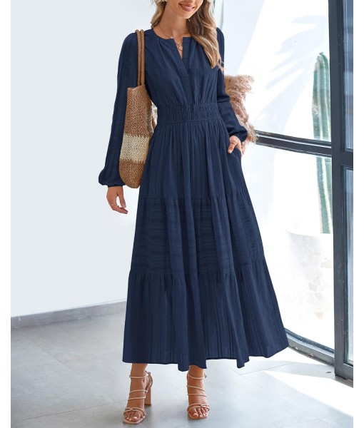 BTFBM Fall Dresses for Women 2025 Casual Long Sleeve V Neck Elastic Waist Lightweight Maxi Wedding Guest Dress Pockets