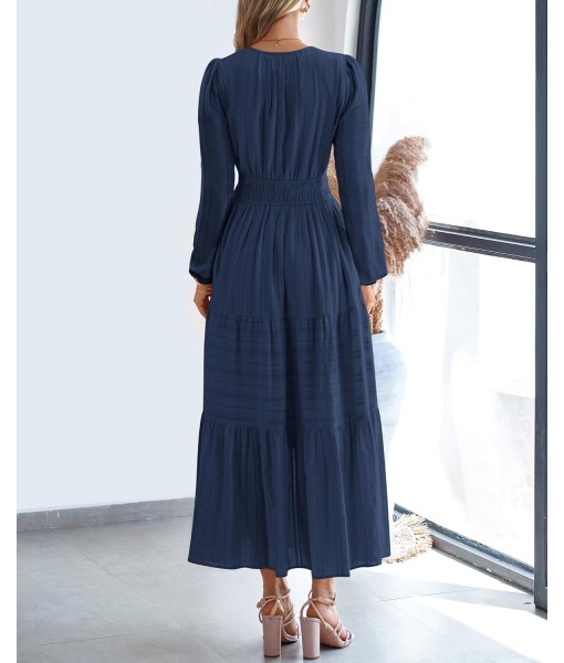 BTFBM Fall Dresses for Women 2025 Casual Long Sleeve V Neck Elastic Waist Lightweight Maxi Wedding Guest Dress Pockets