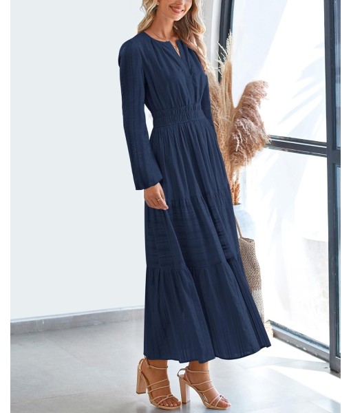 BTFBM Fall Dresses for Women 2025 Casual Long Sleeve V Neck Elastic Waist Lightweight Maxi Wedding Guest Dress Pockets