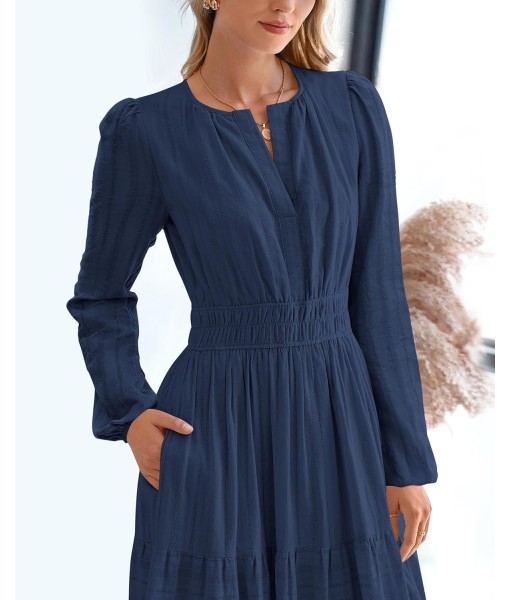 BTFBM Fall Dresses for Women 2025 Casual Long Sleeve V Neck Elastic Waist Lightweight Maxi Wedding Guest Dress Pockets