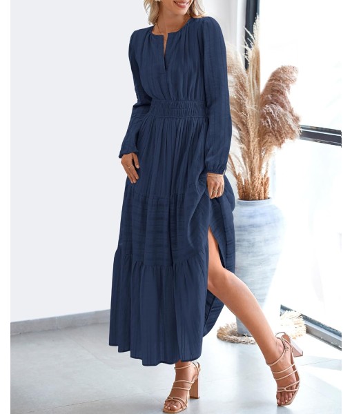 BTFBM Fall Dresses for Women 2025 Casual Long Sleeve V Neck Elastic Waist Lightweight Maxi Wedding Guest Dress Pockets