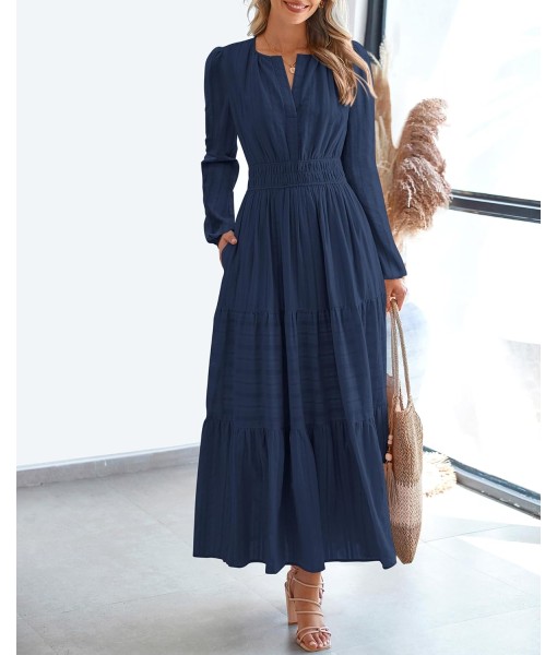 BTFBM Fall Dresses for Women 2025 Casual Long Sleeve V Neck Elastic Waist Lightweight Maxi Wedding Guest Dress Pockets