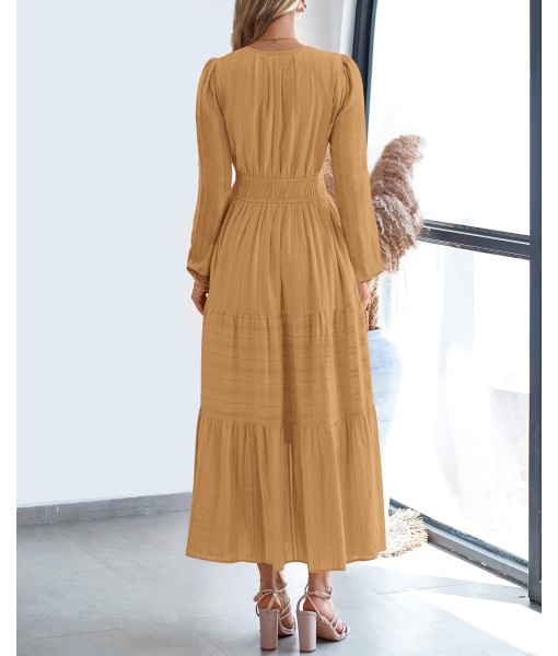 BTFBM Fall Dresses for Women 2025 Casual Long Sleeve V Neck Elastic Waist Lightweight Maxi Wedding Guest Dress Pockets