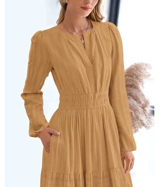 BTFBM Fall Dresses for Women 2025 Casual Long Sleeve V Neck Elastic Waist Lightweight Maxi Wedding Guest Dress Pockets