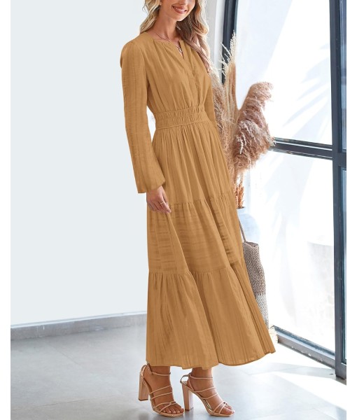 BTFBM Fall Dresses for Women 2025 Casual Long Sleeve V Neck Elastic Waist Lightweight Maxi Wedding Guest Dress Pockets