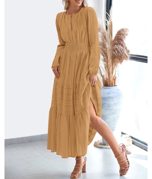 BTFBM Fall Dresses for Women 2025 Casual Long Sleeve V Neck Elastic Waist Lightweight Maxi Wedding Guest Dress Pockets