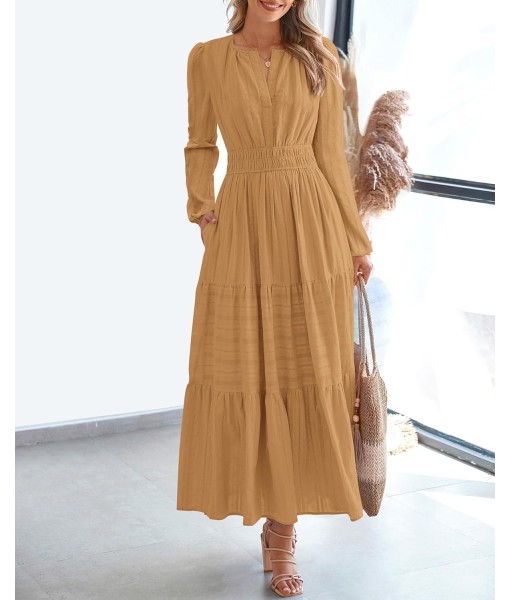 BTFBM Fall Dresses for Women 2025 Casual Long Sleeve V Neck Elastic Waist Lightweight Maxi Wedding Guest Dress Pockets