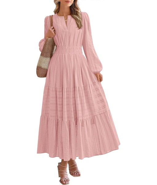 BTFBM Fall Dresses for Women 2025 Casual Long Sleeve V Neck Elastic Waist Lightweight Maxi Wedding Guest Dress Pockets