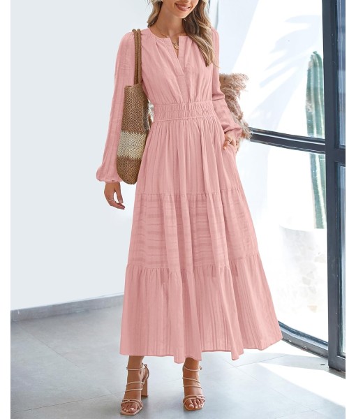 BTFBM Fall Dresses for Women 2025 Casual Long Sleeve V Neck Elastic Waist Lightweight Maxi Wedding Guest Dress Pockets