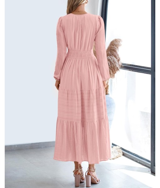 BTFBM Fall Dresses for Women 2025 Casual Long Sleeve V Neck Elastic Waist Lightweight Maxi Wedding Guest Dress Pockets