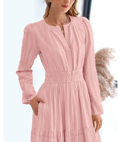 BTFBM Fall Dresses for Women 2025 Casual Long Sleeve V Neck Elastic Waist Lightweight Maxi Wedding Guest Dress Pockets
