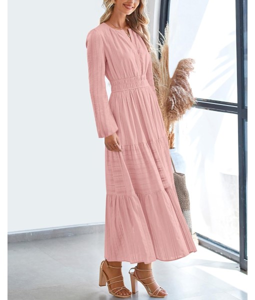BTFBM Fall Dresses for Women 2025 Casual Long Sleeve V Neck Elastic Waist Lightweight Maxi Wedding Guest Dress Pockets