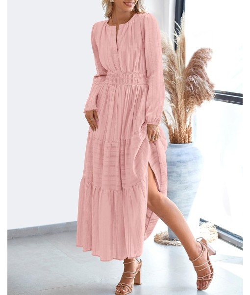 BTFBM Fall Dresses for Women 2025 Casual Long Sleeve V Neck Elastic Waist Lightweight Maxi Wedding Guest Dress Pockets