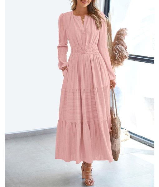 BTFBM Fall Dresses for Women 2025 Casual Long Sleeve V Neck Elastic Waist Lightweight Maxi Wedding Guest Dress Pockets