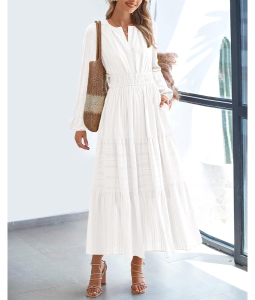 BTFBM Fall Dresses for Women 2025 Casual Long Sleeve V Neck Elastic Waist Lightweight Maxi Wedding Guest Dress Pockets