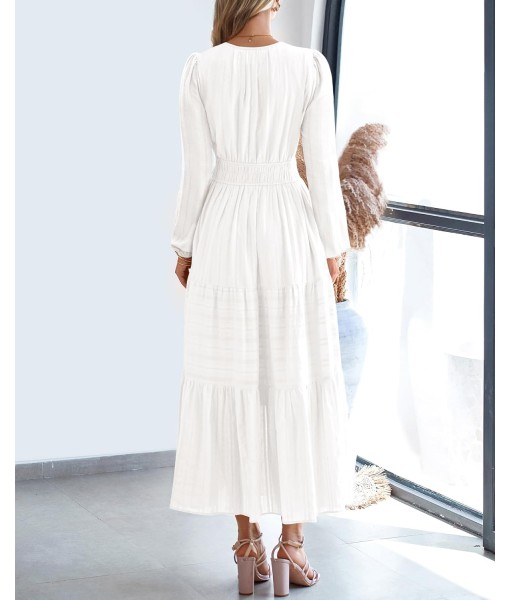 BTFBM Fall Dresses for Women 2025 Casual Long Sleeve V Neck Elastic Waist Lightweight Maxi Wedding Guest Dress Pockets