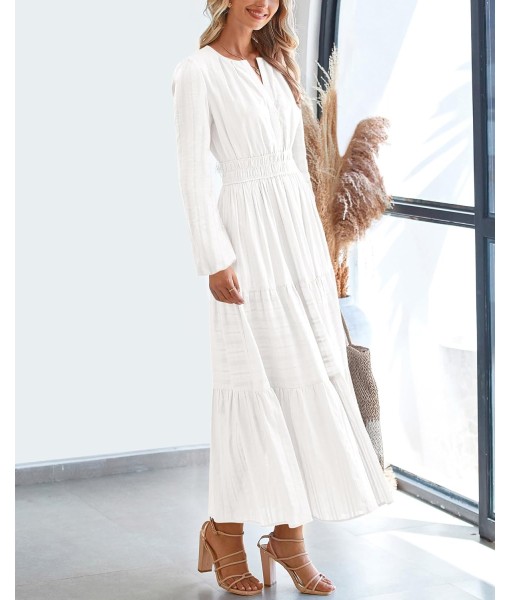 BTFBM Fall Dresses for Women 2025 Casual Long Sleeve V Neck Elastic Waist Lightweight Maxi Wedding Guest Dress Pockets