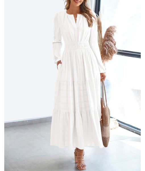 BTFBM Fall Dresses for Women 2025 Casual Long Sleeve V Neck Elastic Waist Lightweight Maxi Wedding Guest Dress Pockets
