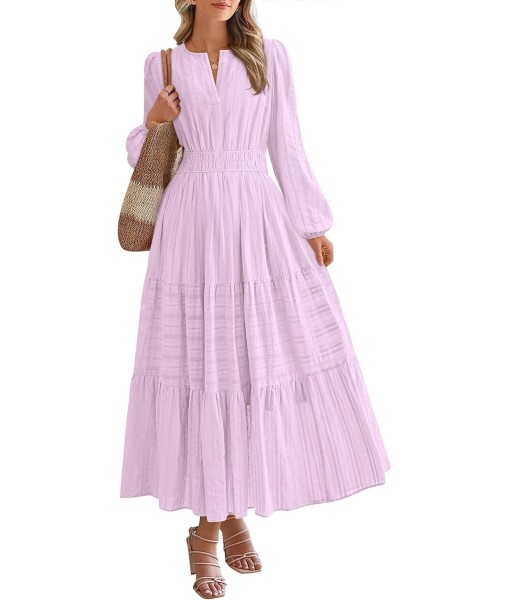 BTFBM Fall Dresses for Women 2025 Casual Long Sleeve V Neck Elastic Waist Lightweight Maxi Wedding Guest Dress Pockets