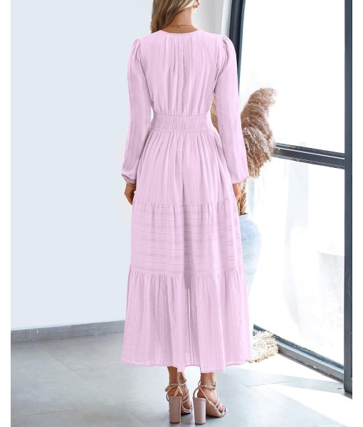 BTFBM Fall Dresses for Women 2025 Casual Long Sleeve V Neck Elastic Waist Lightweight Maxi Wedding Guest Dress Pockets