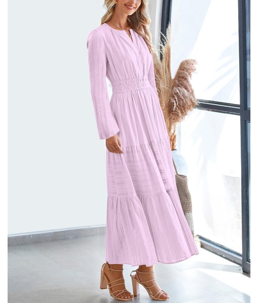 BTFBM Fall Dresses for Women 2025 Casual Long Sleeve V Neck Elastic Waist Lightweight Maxi Wedding Guest Dress Pockets